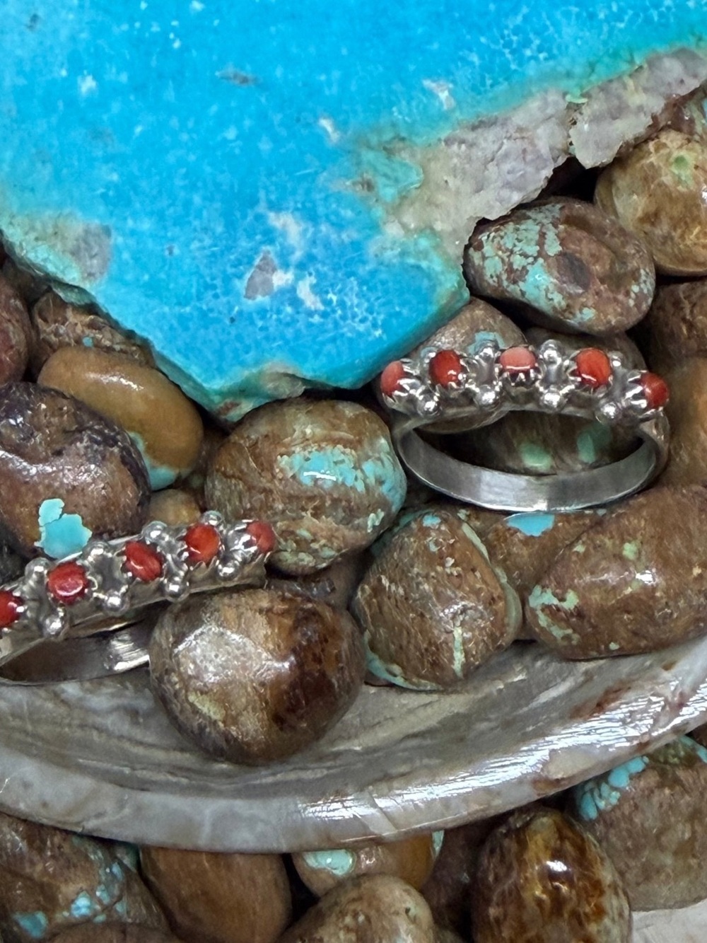 Sterling Silver red spiny Five-Stone Ring - Red Coral Accent